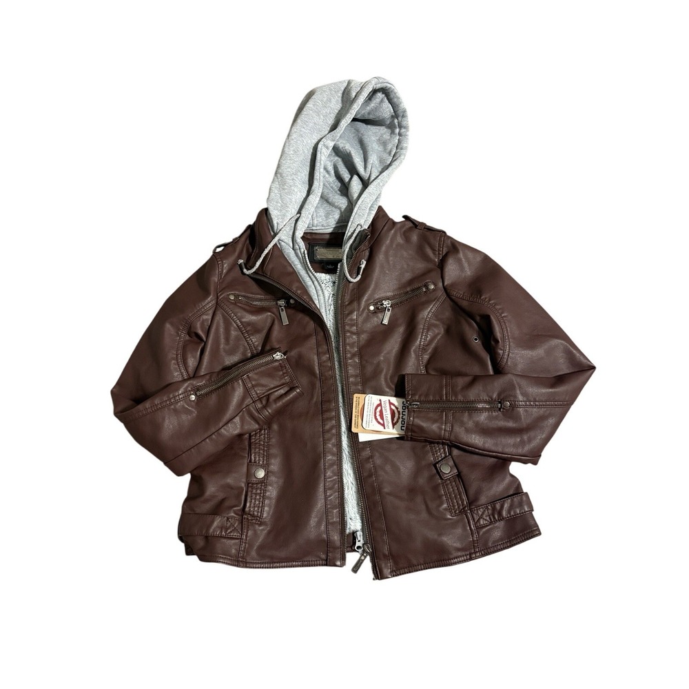 JouJou Womens Large Brown Faux Leather Moto Jacket Removable Hoodie Lined Biker